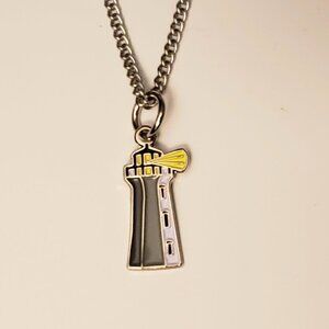 Lighthouse Necklace Pendant Silvertone Gray Yellow Stainless Steel Nautical NWOT